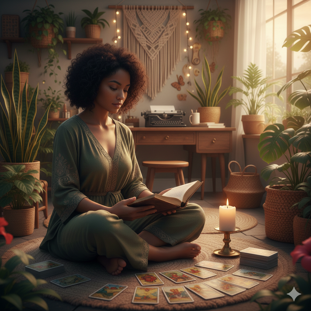 A woman with afro sitting on the floor with her Sovereign Woman Spiritual Rebirth Tools - Somatic Manifestation