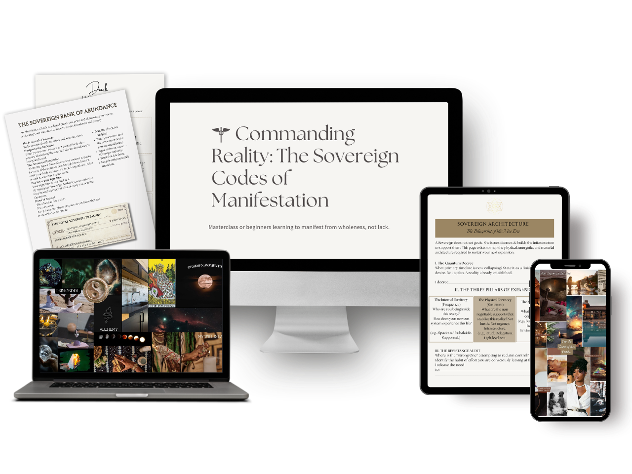 Sacred Manifestation System product bundle mockup featuring the Commanding Reality masterclass on a laptop, manifestation journal on a tablet, and digital vision board on a phone